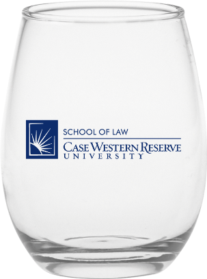 Stemless white wine glass with CWRU School of Law logo